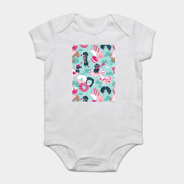 Pastel café sweet love dream // pattern // aqua background fuchsia pink pastry details blue dachshund dog puppies Baby Bodysuit by SelmaCardoso